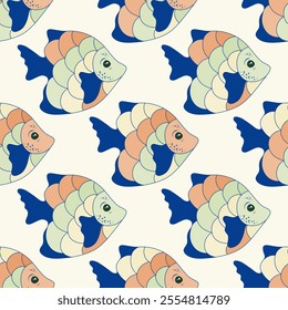 Funny coral reef fish endless ornament design. Underwater creatures pattern. Children fashion clothes print. Coral reef fish marine life illustration. Multicolored scales, tail