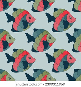 Funny coral reef fish seamless fabric print illustration. Aquarium animals pattern. Summer fashion clothes print. Coral reef fish marine life graphic design. Different color squama, tail