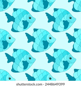 Funny coral reef fish seamless ornament vector. Ocean fauna pattern. Baby fashion tissue print. Coral reef fish sealife graphic design. Polychrome squama, fins