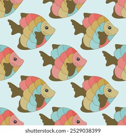 Funny coral reef fish seamless pattern design. Marine fauna swimming. Summer fashion fabric print. Coral reef fish under life graphic design. Colorful squama, tail