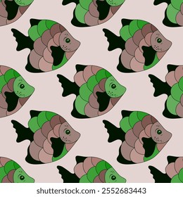 Funny coral reef fish seamless textile print vector. Aquatic animals pattern. Baby fashion fabric print. Coral reef fish wildlife graphic design. Multi-coloured squama, fins