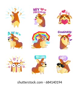 Funny corgi dog cartoon character icons collection with question rainbow love and congrats message isolated vector illustration 