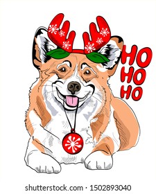 Funny corgi dog in deer horns and Christmas tree toy. Ho ho ho - lettering quote. Card, t-shirt composition, hand drawn style print. Vector illustration.