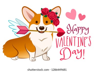 Funny corgi dog dressed as Cupid, with angel wings, rose flower wreath on head, heart arrow in mouth. Valentine's day, love, pets, dog lovers cartoon theme design element for greeting cards, banners.