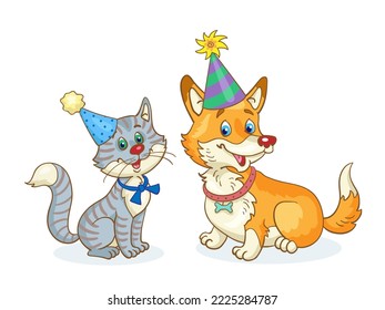 Funny corgi dog and gray cute cat in party hats are sitting together. In cartoon style. Isolated on white background. Vector illustration.