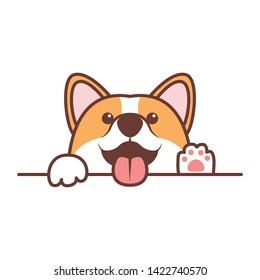 Funny corgi dog paws up over white wall, vector illustration