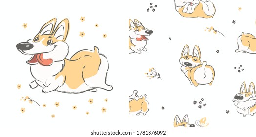Funny Corgi Dog seamless pattern on a white. Cartoon hand drawn vector illustration. Can be used for t-shirt print, kids wear fashion design, baby shower invitation card, packaging, wrapping paper, te