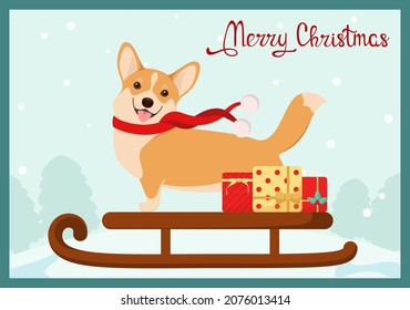 Funny corgi on a sled with gifts. Christmas card. Cartoon design.
