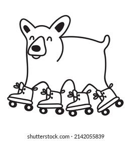 Funny corgi rides on roller skates. Outline vector illustration. 