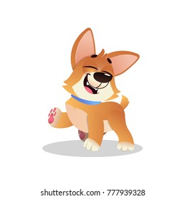 Funny corgi walking with happy muzzle. Cartoon dog with blue collar. Cute domestic animal. Graphic element for kids print, pet store or sticker. Flat vector design