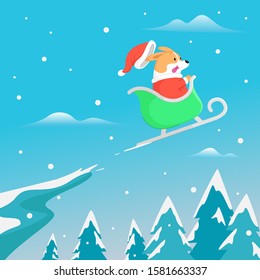 FUNNY CORGI WEARING SANTA COSTUME FLYING WITH SLED