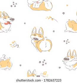 Funny Corgi Welsh Dog and Flowers seamless pattern on a white. Cartoon hand drawn vector illustration. Can be used for t-shirt print, kids wear fashion design, baby shower invitation card, packaging, 