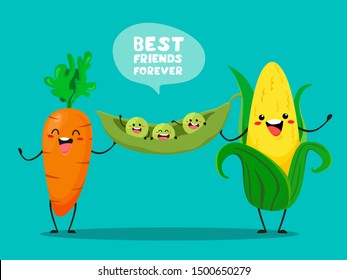  Funny corn and carrots hold a trick with green peas. Vector illustration in cartoon flat style.