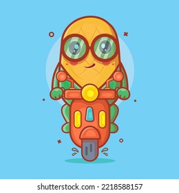 funny corn character mascot with riding scooter motorcycle isolated cartoon in flat style design