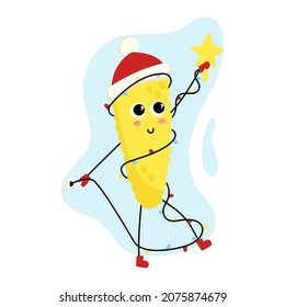 Funny corn character tangled in a festive garland. Kawaii vegetable. Cute winter mascot with a Christmas star in his hand. Bright clipart for New Year greeting card design. Holiday commotion.