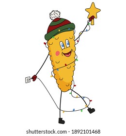 Funny corn character wrapped in a glowing garland. Merry Christmas traditions. New Year's comfort at home. Holiday mood. Gift card. Winter fun.