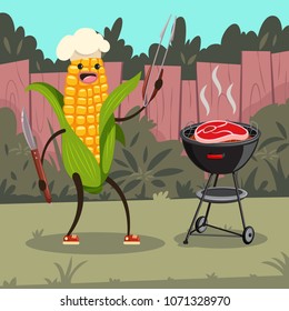 Funny Corn In A Chef Hat With Barbecue. Vector Cartoon Cute Character Of A Happy Vegetable With Bbq Tools Cooking Steak On The Grill On The Backyard.