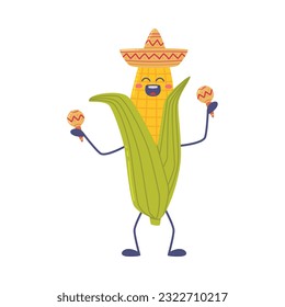 Funny Corn Cob Character in Sombrero Hat Playing Maraca Vector Illustration