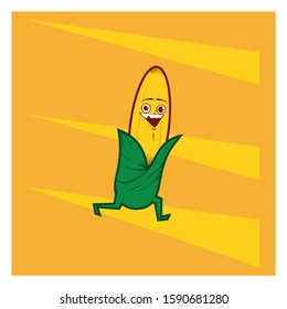 Funny corn cob with hairy chest and leaves pants is smiling while he is runnin' on a yellow background with triangles.