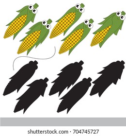 Funny Corn with different shadows to find the correct one, compare and connect object with it true shadow, the educational kid game with simple gaming level.