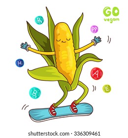 Funny corn goes snowboarding. Around vitamins. Vegetarianism. Vector illustration on white background.
