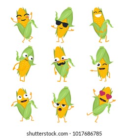 Funny corn - vector isolated cartoon emoticons. Cute emoji set with a nice character. A collection of angry, surprised, happy, cheerful, crazy, laughing, in love, sad vegetables on white background