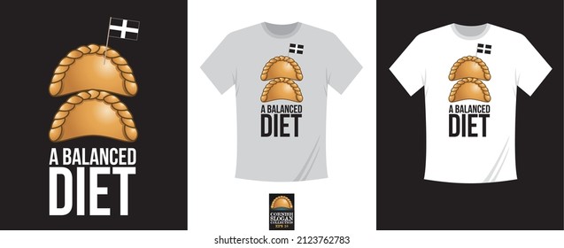 Un divertido diseño de camisetas de Cornualles con dos pasteles de Cornualles que se equilibran unos encima de otros y el lema 'Una dieta equilibrada'