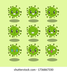 funny corona virus emoticons with various kinds of facial expressions. sad, happy, and other expressions.
illustration of vector icon set.