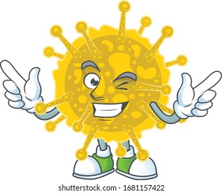 Funny coronavirus pandemic cartoon design style with wink eye face