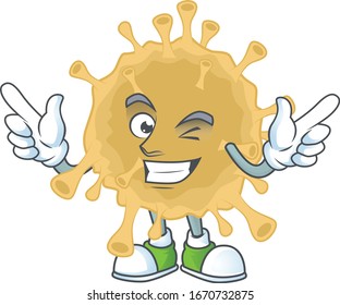 Funny coronavirus particle cartoon design style with wink eye face