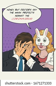 Funny Coronavirus Prevention Propaganda Poster, Man, Woman in Mask