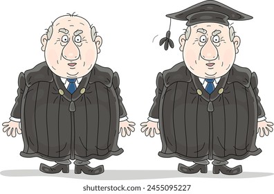 Funny corpulent judge in a black gloomy judicial gown for official hearings and sentencing in a court, vector cartoon illustrations on a white background