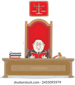 Funny corpulent judge in a black gloomy judicial gown for official hearings and sentencing in a court, studying a case and reading its verdict at a desk in a courtroom, vector cartoon illustration