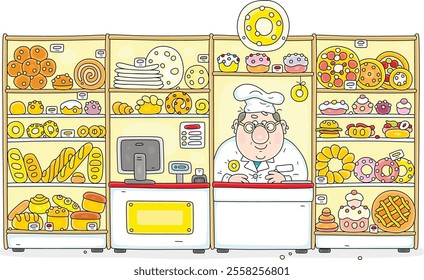 Funny corpulent salesman behind a counter in a bakery, surrounded by long loafs, breads, rolls, buns, pies, pasties and cakes in a showcase of a shop, vector cartoon illustration on a white background