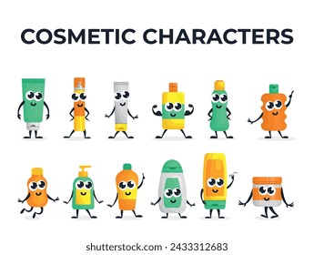 Lustige kosmetische Charakter Schönheitspaket Humor Emoticon Set Vektor flache Illustration. Nette Kosmetologie Hautgesicht Haar Körperpflege Hygiene Make-up Produkt Creme Lotion Gel Seife Zahnpasta Tube Emoticon