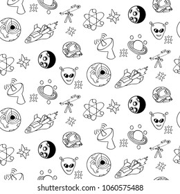 Funny cosmic doodle background. Seamless pattern of vector hand drawn space objects on whiteboard.