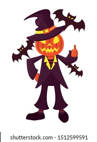 funny costume of pumpkin with witch hat character vector illustration design