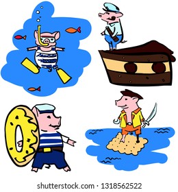 funny costumed mariner color pigs. Set cartoon hand drawen piglets for greetings cards, stickers, logo, stamps and websites