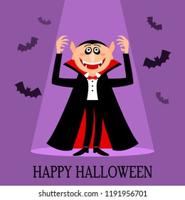 A funny Count of Dracula with fangs and a terrible smile. Happy Halloween! greeting card or invitation. flat Vector illustration