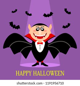 A funny Count of Dracula with fangs and a terrible smile. Happy Halloween! greeting card or invitation. flat Vector illustration