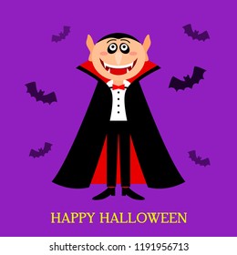A funny Count of Dracula with fangs and a terrible smile. Happy Halloween! greeting card or invitation. flat Vector illustration
