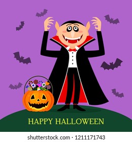 Funny Count Dracula with fangs and a terrible smile, and near a pumpkin pot with sweets and candies. Happy Halloween! greeting card or invitation. flat vector illustration.Trick or Treat