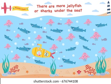 Funny counting puzzle game for preschool; there are more jellyfish or sharks under the sea, all in flat style, illustration, vector