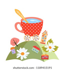 Funny country landscape with little buildings and big cup of water isolated on white background in vector. Square fairytale card for baby.