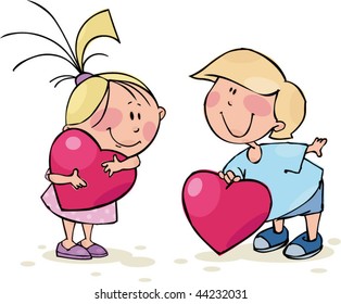 Funny couple with big red hearts