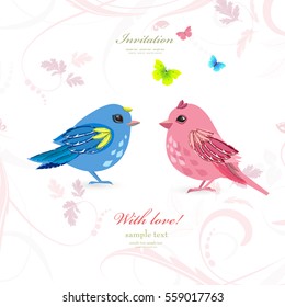 funny couple birds with butterflies for your design