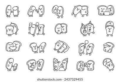 Funny couple bread cartoon characters. Coloring Page. Cute kawaii bakery friends. Hand drawn style. Vector drawing. Collection of design elements.