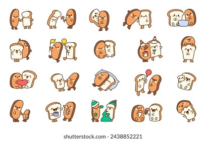Personajes divertidos de dibujos animados de pan de pareja. Lindos amigos de la panadería kawaii. Estilo dibujado a mano. Dibujo vectorial. Colección de elementos de diseño.