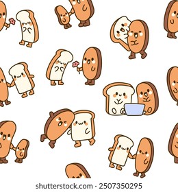 Funny couple bread cartoon characters. Seamless pattern. Cute kawaii bakery friends. Hand drawn style. Vector drawing. Design ornaments.