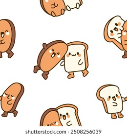 Funny couple bread cartoon characters. Seamless pattern. Cute kawaii bakery friends. Hand drawn style. Vector drawing. Design ornaments.